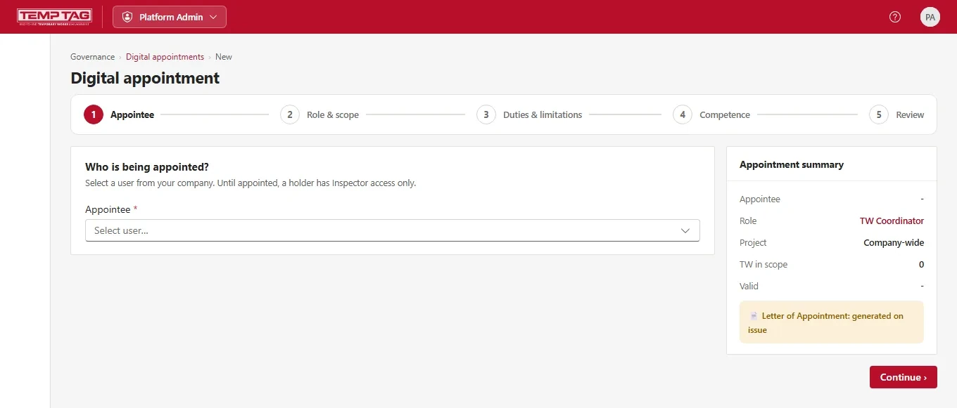 The digital appointment wizard in TempTag, on the appointee step, with a live appointment summary alongside