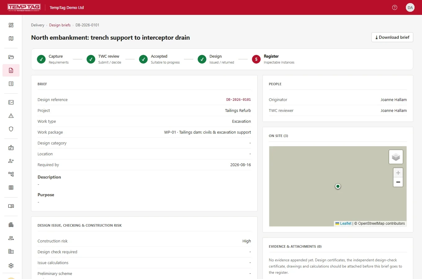 A design brief in TempTag showing its progress through capture, coordinator review, acceptance, design and register