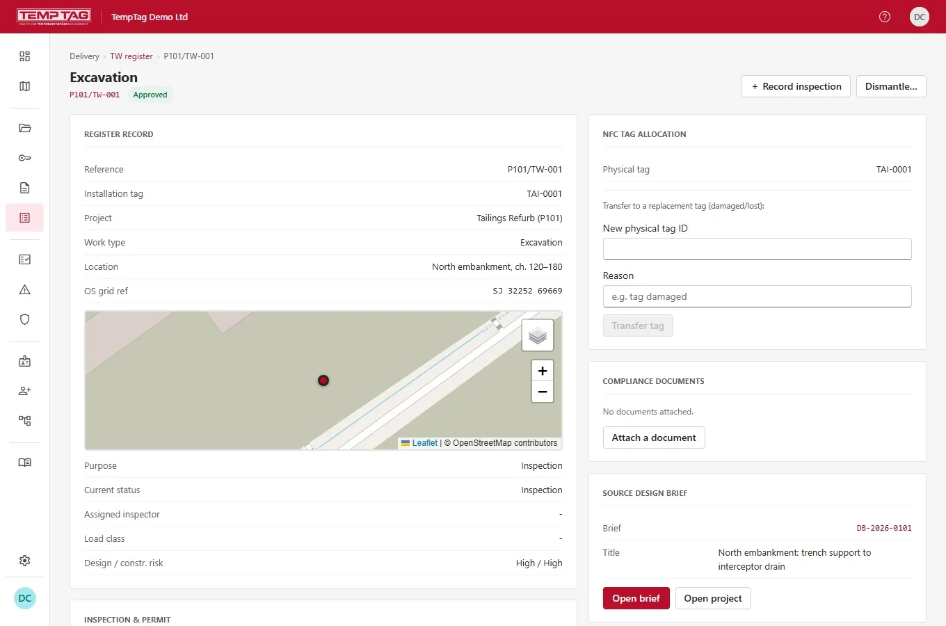 A temporary works register item in TempTag with its tag, location, source design brief and inspection controls