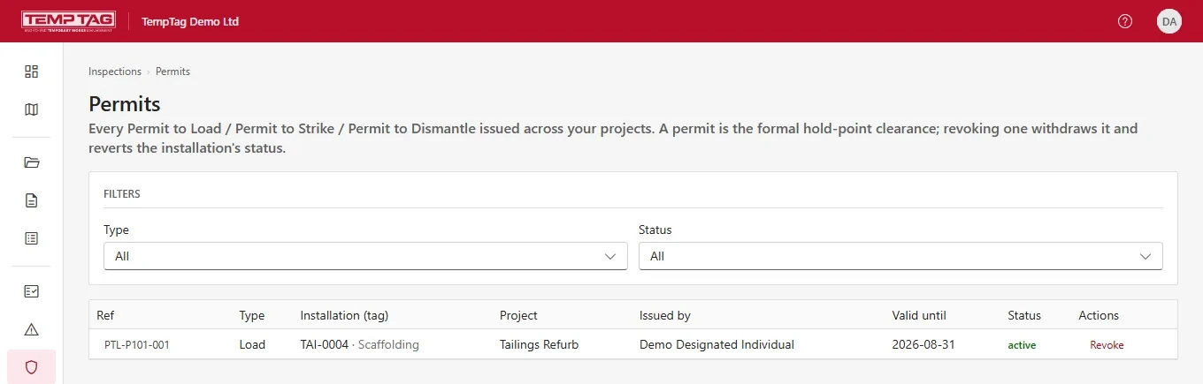 The TempTag permit register listing permits to load with the installation, project, issuer, validity and status