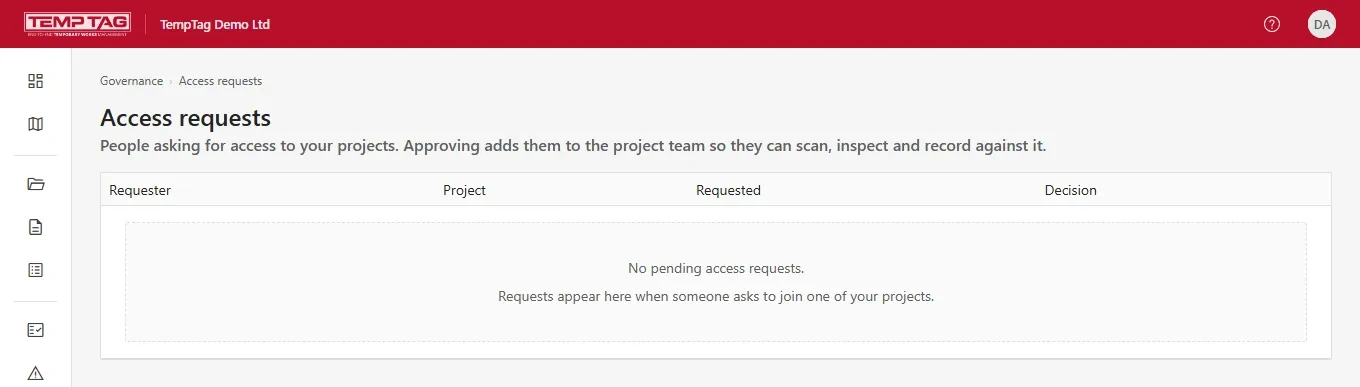 The project access request queue in TempTag, where a coordinator approves or declines access to a project